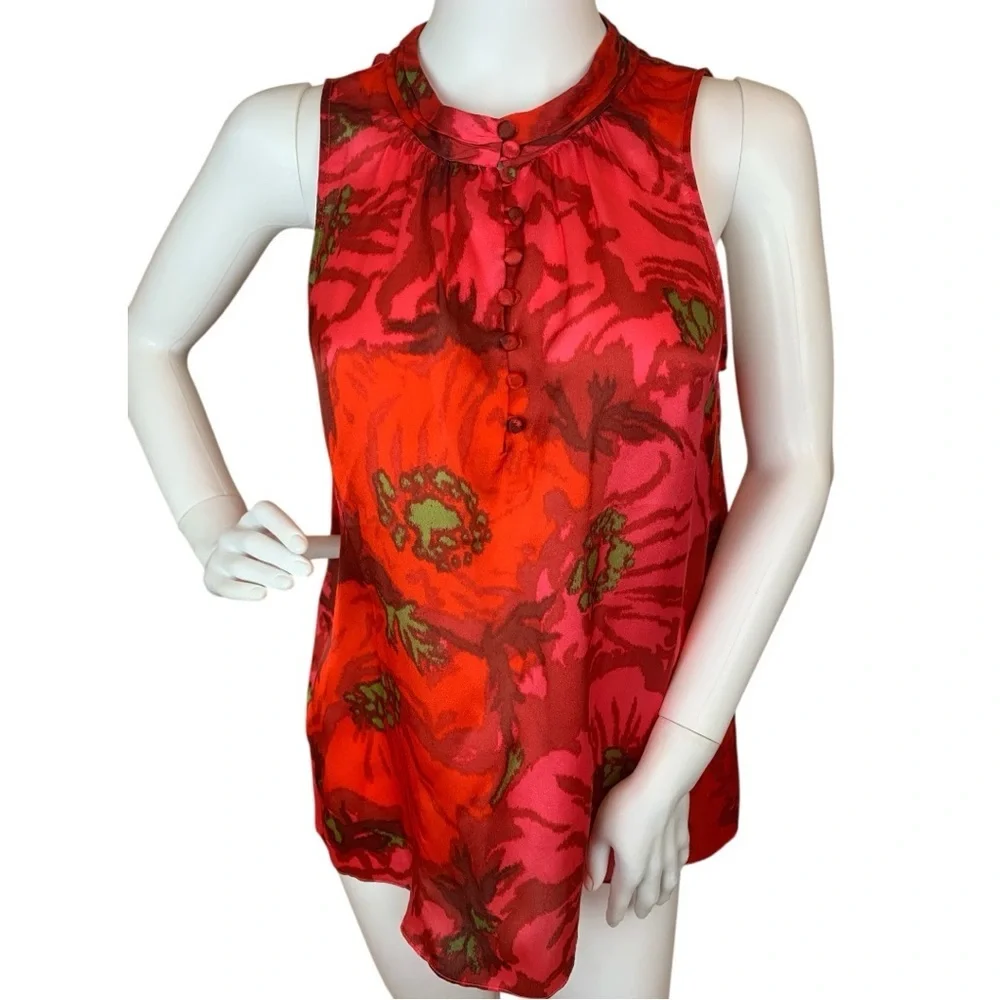 J. Crew Red Poppy Floral Sleeveless 100% Silk Blouse - Picture 7 of 10